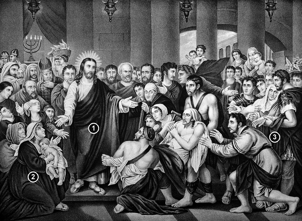 Annotated details from Christ Healing: The London Print by Anonymous printmaker after Benjamin West